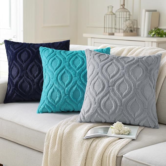 decorUhome Throw Pillow Covers 22x22 Inch Set of 2, Soft Plush Faux Wool Blue - Image 4