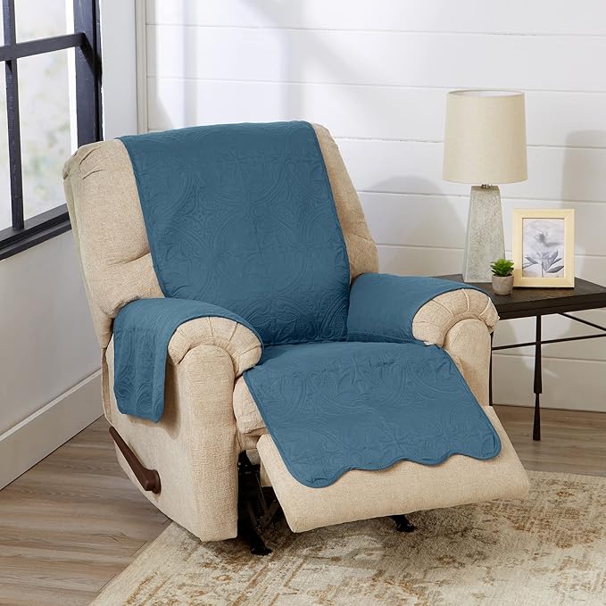 Great Bay Home Medallion Stitched Solid Furniture Protector Stain Resistant Durable Furniture Protector Elenor Collection (Sofa, Smoke Blue/Ivory)