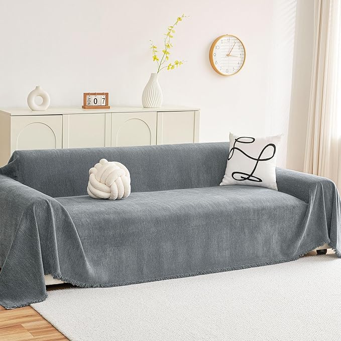hyha Couch Cover for Dogs, Boho Sofa Covers for 3 Cushion Couch Washable, Chenille Sofa Slipcover for Pets, Soft Loveseat Sectional Couch Throw Blankets with Tassels (Grey, 71x150 Inch)