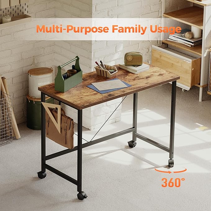 Rolling Computer Desk with Wheels, Gaming Desk for Small Spaces, Modern Simple Style Table for Home Office, Study Writing Table (Caster, Rustic Brown, 40 inch)