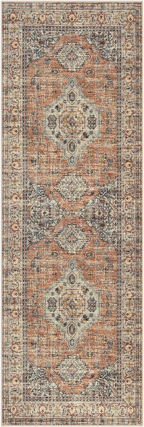 Lahome Oriental Washable Runner Rug, 2x6 Runner Rugs for Hallway Kitchen, Ultra-Thin Distressed Vintage Soft Long Carpet for Bathroom Bedroom Laundry Room, Peach/Orange