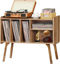 Lerliuo Record Player Stand with 4 Cabinet Holds Up to 220 Albums, Large Turntable Stand with Beech Wood Legs, Mid-Century Record Player Table