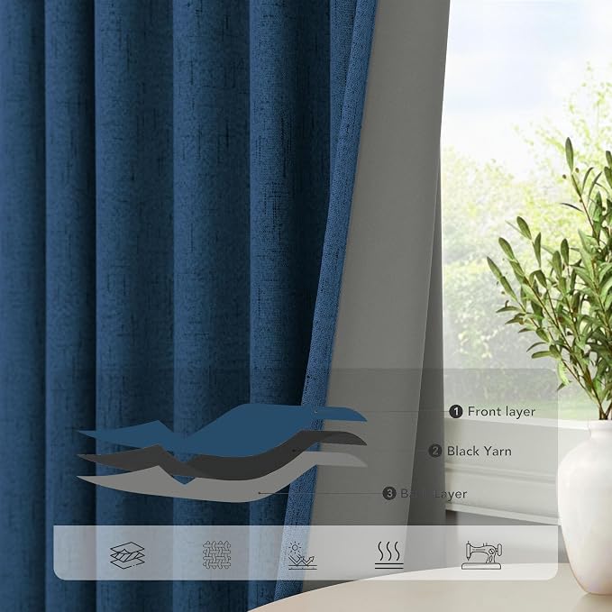 Navy Blue Curtains for Living Room 102 Inch Long 100 Percent Blackout Linen - Image 5