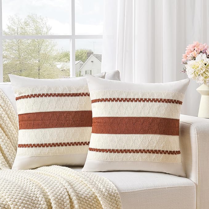 Fancy Homi Set of 1 Rust Boho Decorative Throw Pillow Covers 16x16 Inch - Image 2