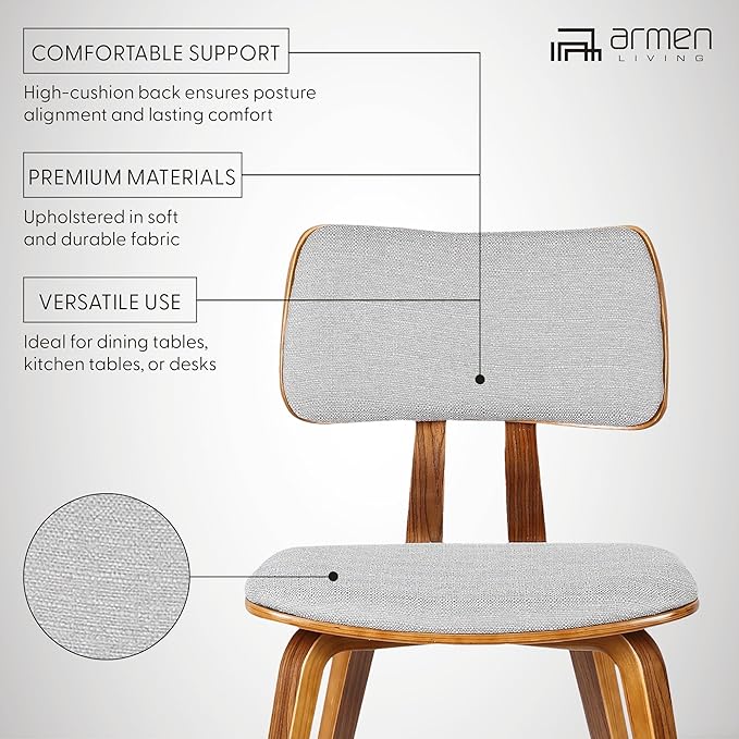 Armen Living Jaguar Mid-Century Dining Chair in Walnut Wood and Gray Fabric - Set of 2