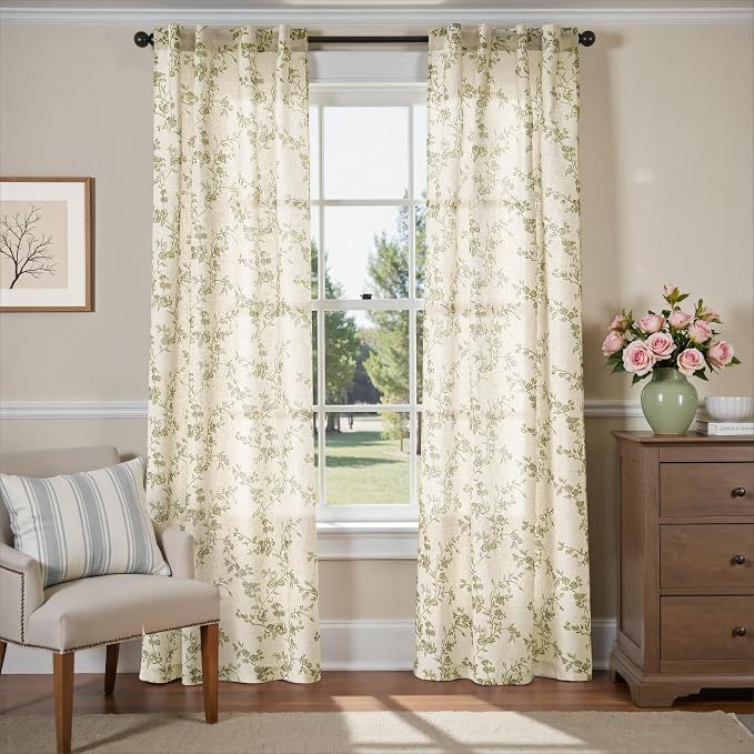 Lazzzy Green Floral Linen Curtains 96 Inch Farmhouse Back Tab Drapes - Image 2
