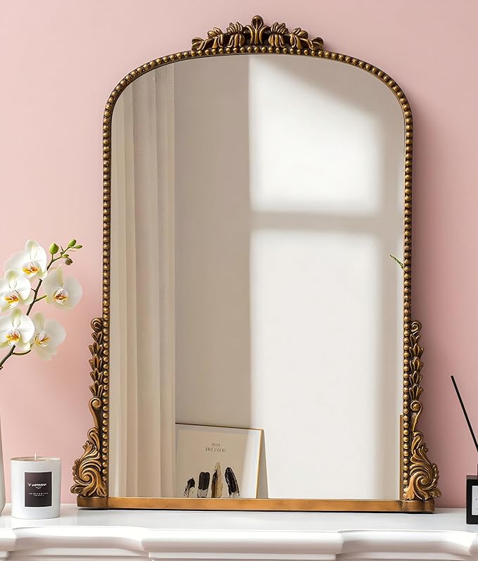 SHYFOY Antiqued Wall Mirror Decorative Vintage Mirrors for Wall Decor, Baroque Wall Mirrors Ornate Arch Mantel Mirror for Living Room Entryway Powder Room, Bronze Dark-Gold Wall Decor, MDF Backing