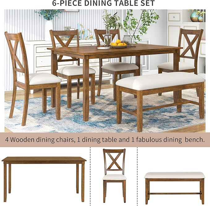 SogesPower 6-Piece Kitchen Dining Table Set for 4-6,Rectangular Dining Table with 4 Fabric Chairs & 1 Bench for Dining Room Living Room,Natural Cherry