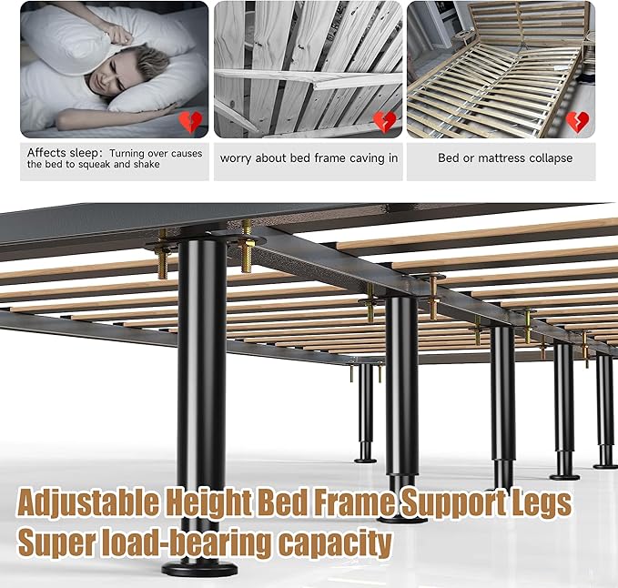 Metal Bed Frame Support Legs, 9.8-16.5 Inch Adjustable Height Bed Support Legs, Bed Legs Replacement Parts for for King Queen, Under Bed Support Slat Reinforcement Kits Bed Frame Center Support 2 Pack