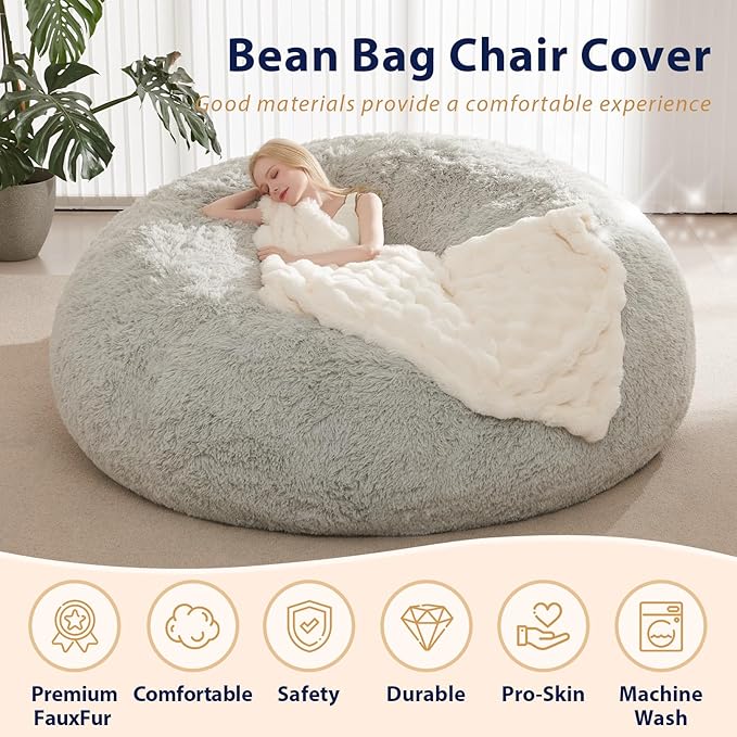 Bean Bag Covers Only, Fluffy Stuffed Beanbag Chair Covers No Filler, Washable Bean Bags Cover for Adults, Stuffed Animal Bean Bag Anti-Slip, 6FT, Light Grey