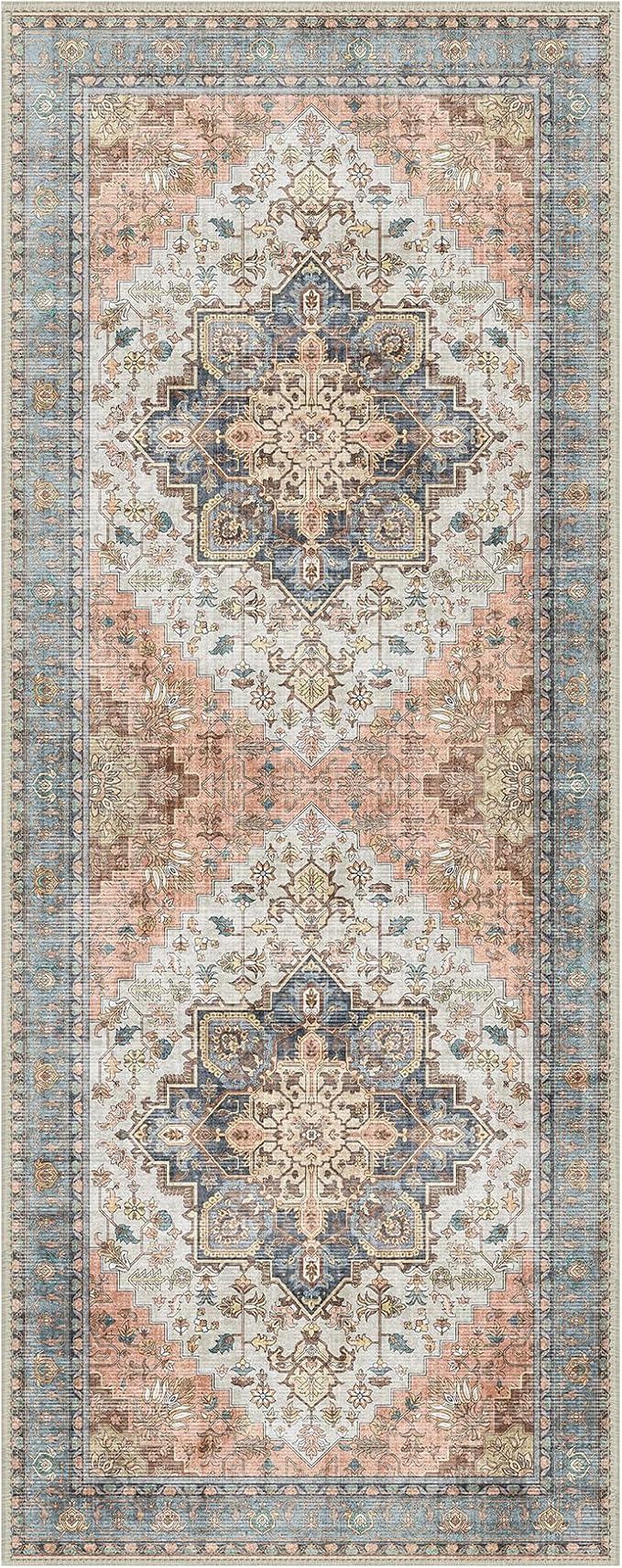 GENIMO 2x5 Runner Rugs for Hallway, Machine Washable Non Slip Vintage Rugs, Low Pile Lightweight Soft Print Rug for enrtyway, Corridor, Home Office, Kitchen, Blue Brick Red