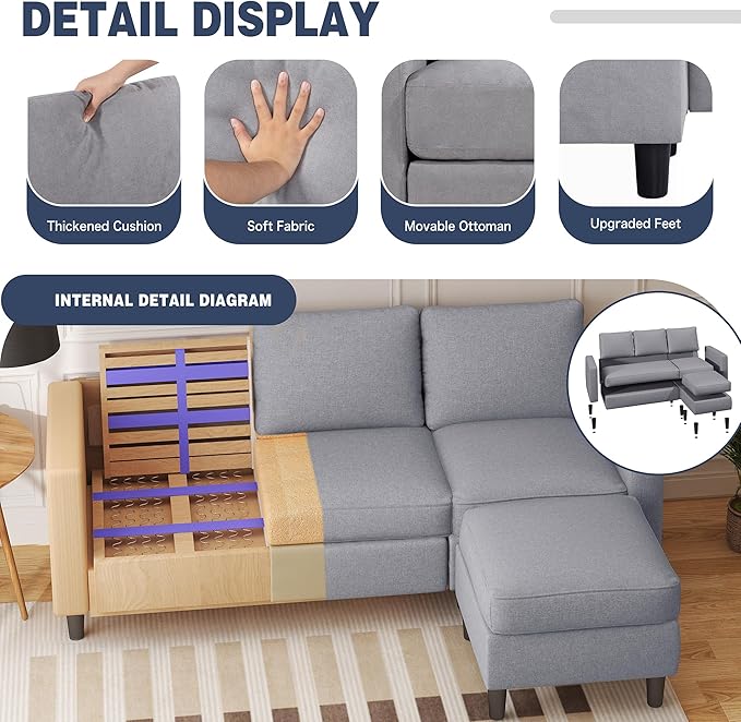Small Sectional Sofa Couch, 3 Seat L Shaped Couches with Ottoman, Upholstered Fabric Convertible Sofa, Small Couch for Apartments, Living Room and Office (Light Grey)