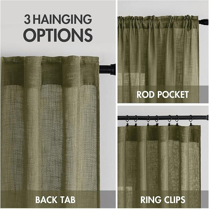 MIULEE Light Olive Green Linen Curtains 84 Inch Length 2 Panels - Image 3