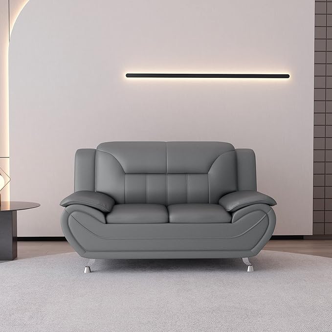 Container Furniture Direct Michael Modern Faux Leather Upholstered Stainless Steel Legs Living Room Sofa, Loveseat, Sleek Gray