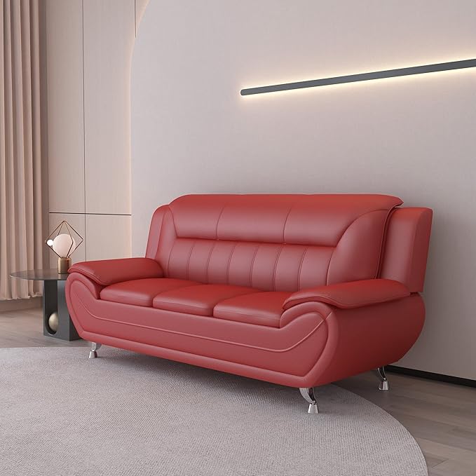 Container Furniture Direct Michael Modern Faux Leather Upholstered Stainless Steel Legs Living Room Sofa, Chair, Red