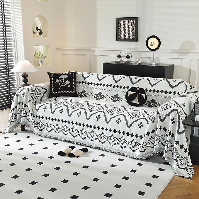 LUFEIJIASHI Boho Couch Covers for Sofa Non Slip Sofa Covers Washable Couch Covers for 3 Cushion Couch Sofa Pet Friendly Sectional Couch Cover Blanket Furniture Protector for Dogs (Black, 91"x150")