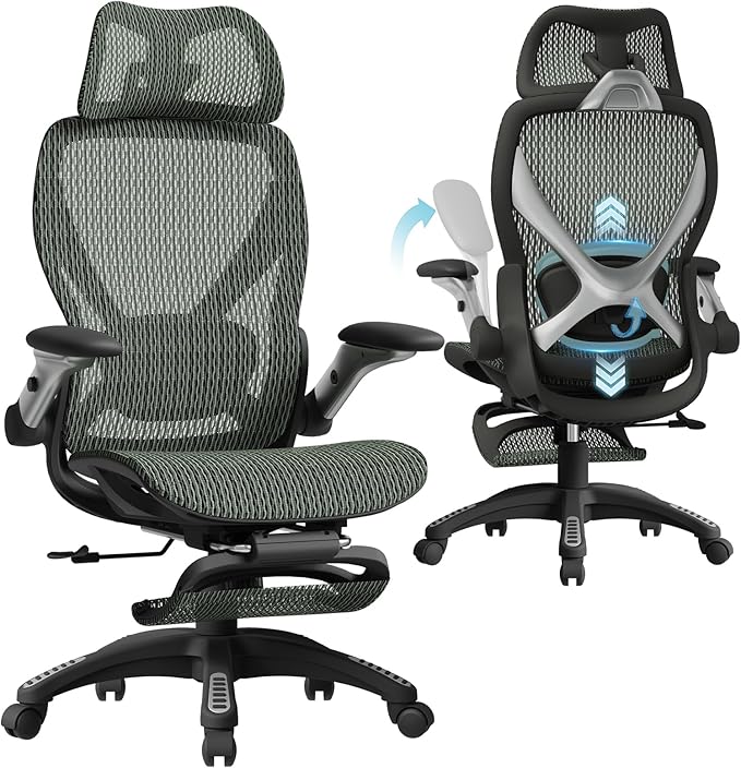 ELABEST X100 Ergonomic Office Chair with Footrest, Big and Tall Home Desk Chair with 5D Flip-Up Arms, Adjustable 3D Lumbar Support,High Back Rolling Computer Chair, Swivel Mesh Chairs (Forest Ranger)