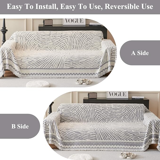 STACYPIK Modern Gray Geometric Sofa Cover, Anti-Slip Reversible Boho Dog Couch Cover, Washable Silpcover Protector for 2 Cushion Couch, Durable Loveseat Cover for Sectional, Multi-use Blanket-71X118IN