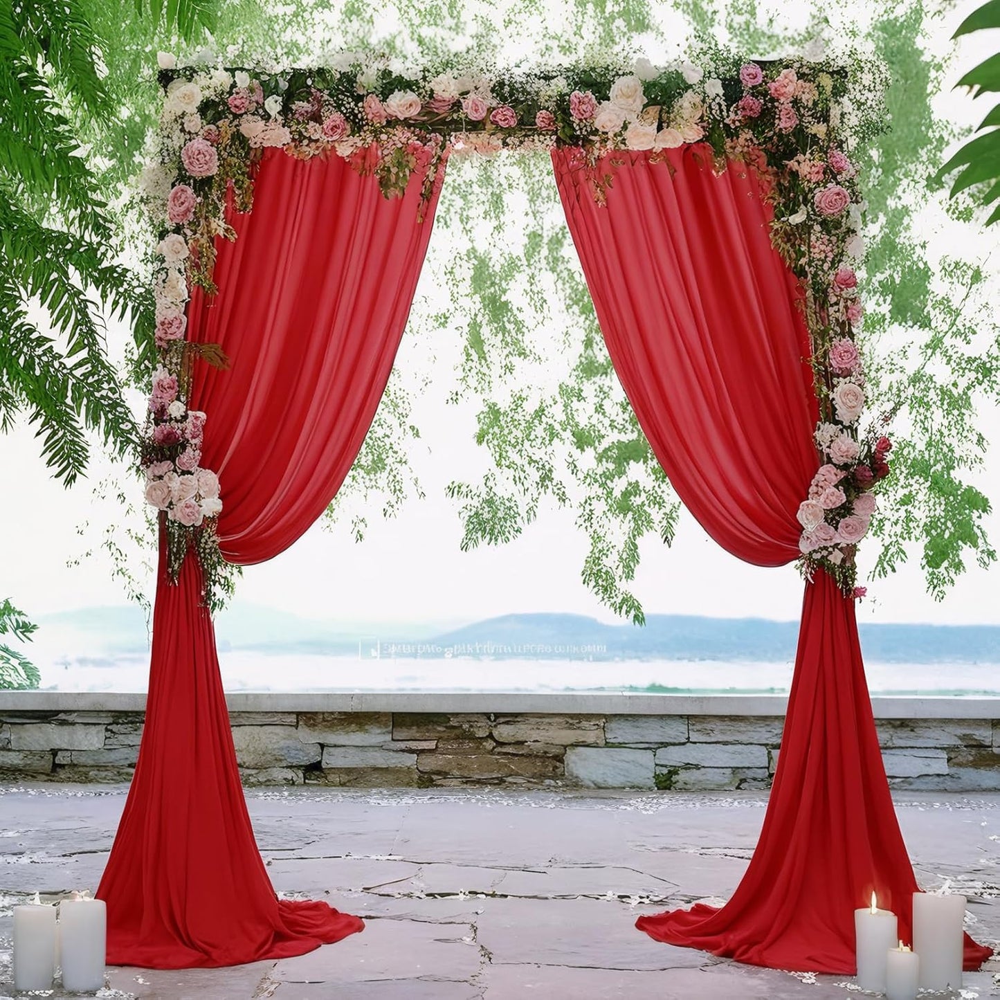 DUOBAO Red Chiffon Backdrop Curtain-2 Panels 29x96-Inch Wedding Backdrops Drapes Beach Curtains for Living Room Voile Window Photography Background for Weddings Ceremony