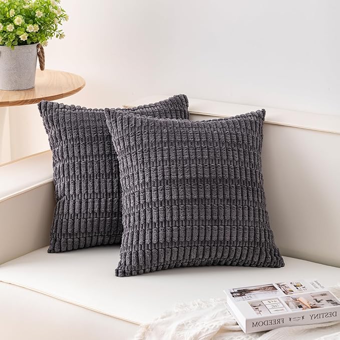 Pack of 2 Corduroy Decorative Throw Pillow Covers 24x24 InchSoft Striped Pillow by Unknown