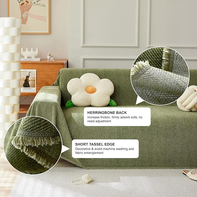 STACYPIK Matcha Green Sofa Cover Christmas Chenille Couch Covers Herringbone Sofa Covers for 3 Cushion Couch Thick Couch Covers Blanket Wear-Resistant Furniture Cover for Kids Dogs Decor-91X150IN