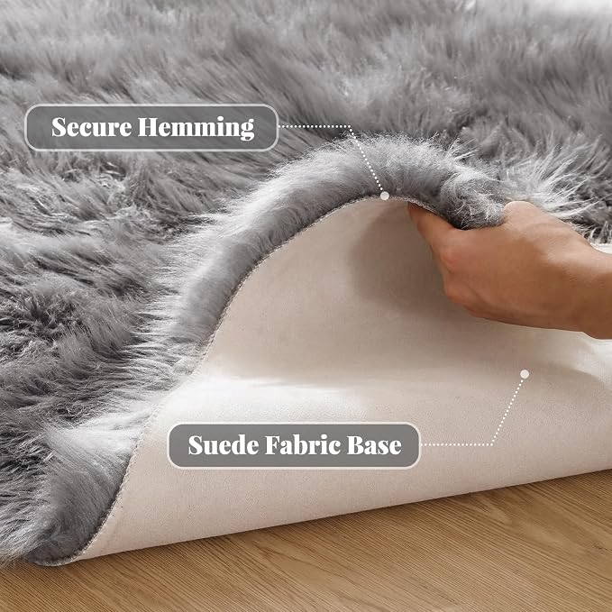 ORINOVA Silver Grey Washable Shaggy Round Rugs 6.6ft Large Faux Sheepskin Fur - Image 2