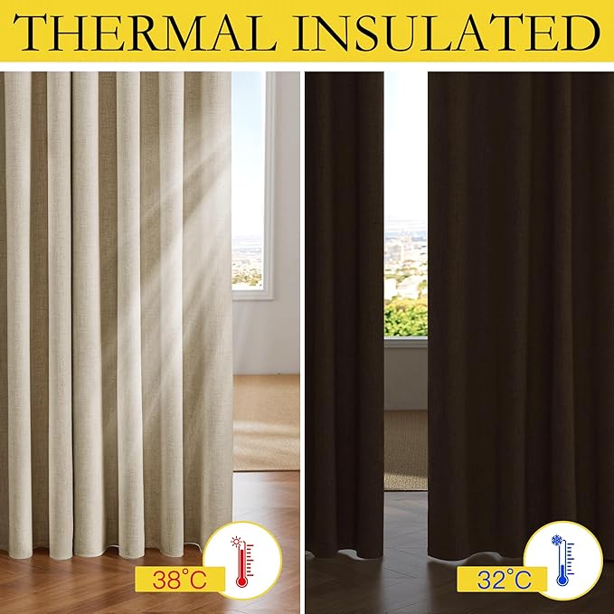 NICETOWN Cream 100% Blackout Linen Curtains 63 inch Long Burg - Image 3