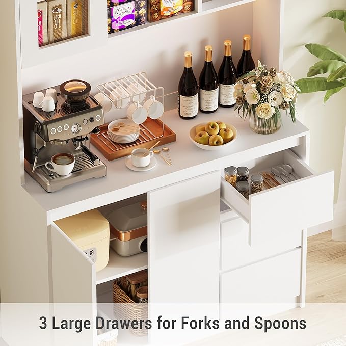 Garvee Kitchen Pantry Cabinet,71" Tall Storage Cabinet with Doors and Shelves Adjustable,Kitchen Storage Hutch with Microwave Shelf, Led Lights and Charging Station,Corner Pantry Cabinet,White