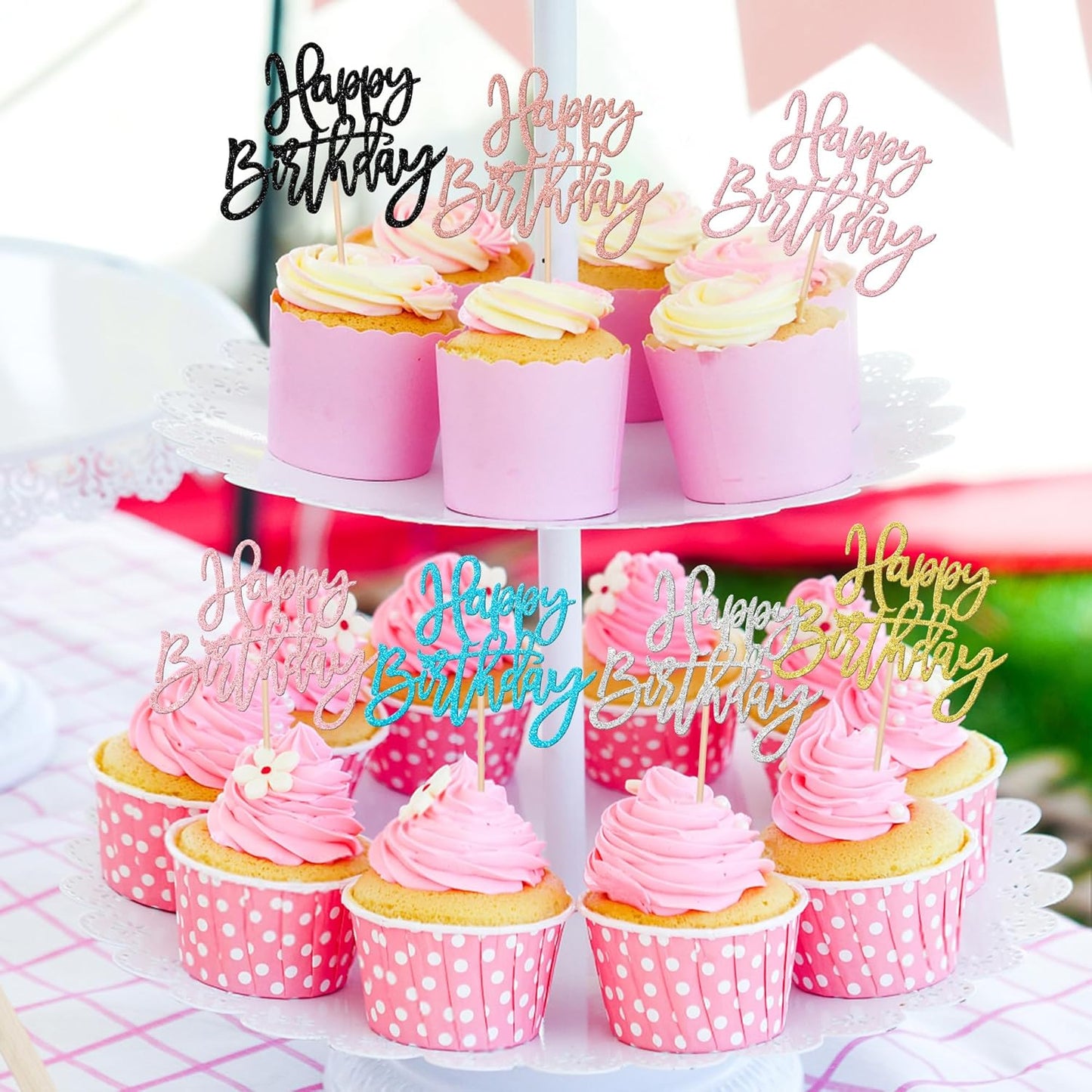 24 PCS Glitter Cupcake Toppers - Happy Birthday & Anniversary Picks - Multi 6 Colors
