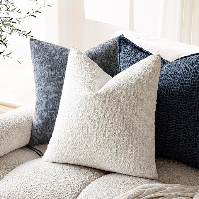 Foindtower Set of 2, Decorative Textured Boucle Throw Pillow Covers Accent Solid Pillow Cases Neutral Soft Cozy Couch Cushion Case for Chair Sofa Bedroom Living Room Home Decor 16 x 16 Inch White