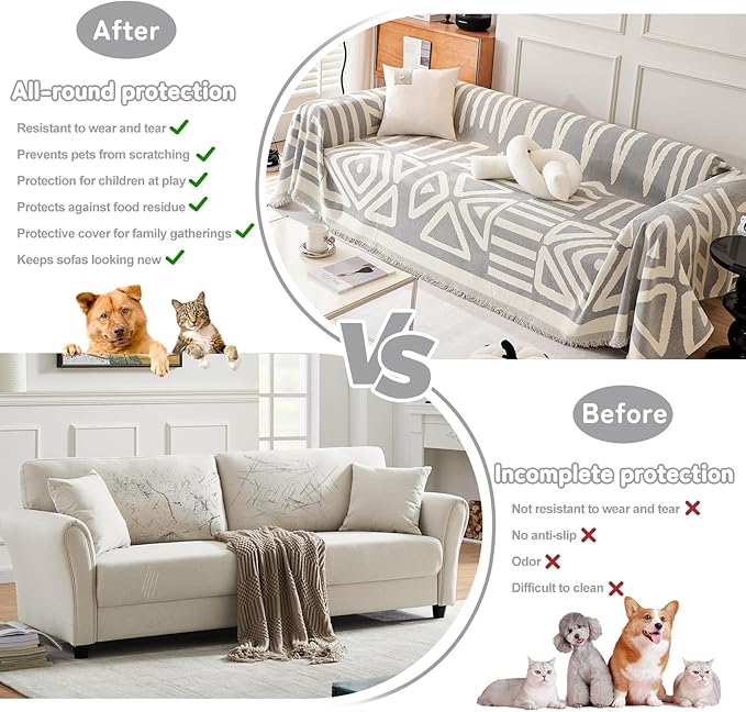 HANDONTIME Grey Sofa Cushion Covers Boho Couch Sofa Covers Dog Couch Cover for Sofa Chenille Couch Sofa Slipcover for Pets Sofa Cover Thick Washable Sectional Slip Covers for Sofas/Couches 71" X150"