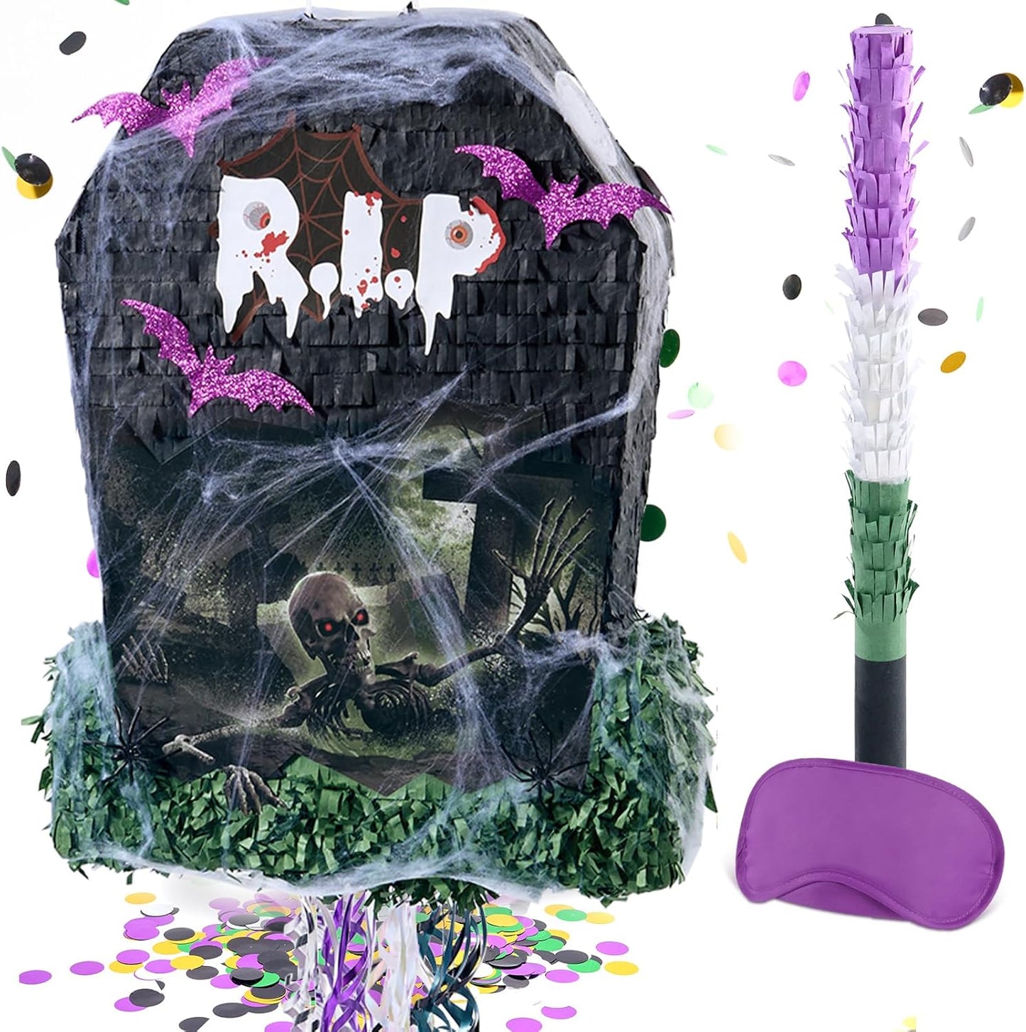 WERNNSAI Halloween Tombstone Piñata - Tombstone Bat Pinata Halloween Party Decor Favors for Kids Birthday Games Rip to Adults Birthday Decorations with Bat Blindfold