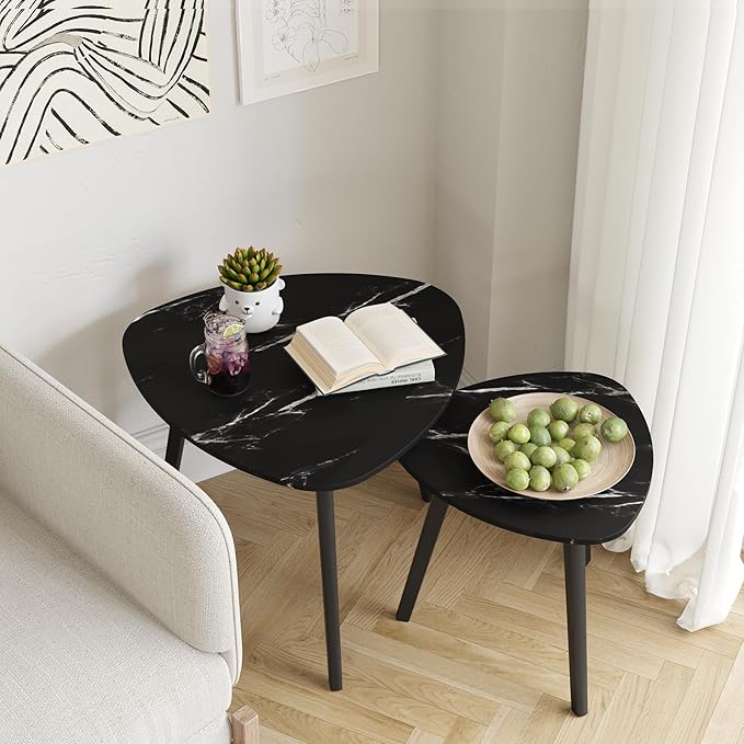 BAMEOS Bamboo Nesting Triangle End Table,Set of 2 Coffee Table Modern Minimalist Side Table for Living Room (Marble Black)
