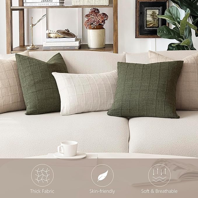 Foindtower Set of 2 Decorative Linen Check Throw Pillow Covers Neutral Farmhouse Vintage Cushion Covers Modern Boho Home Decor For Sofa Chair Couch Bedroom Living Room Outdoor,20×20 Inch,Natural Linen