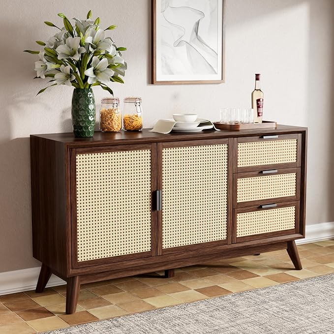 Bme Jasper Sideboard with 3 Drawers & 2 Rattan Doors, Buffet Cabinet with Storage for Dining Room, Living Room, Adjustable Shelves, Walnut
