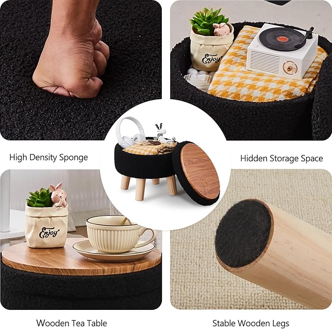 Wimarsbon Storage Ottoman, Modern Round Footrest with Soft Padded Seat, Teddy Velvet Footstool with Wood Legs, Accent Small Table or Plant Stand for Hallway, Living Room (Black)