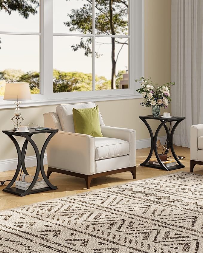 End Table with Charging Station, 2-Tier Modern Side Table, Nightstand with Storage Shelf, for Small Spaces, for Bedroom, Living Room, Home Office, Black TBZ20UBB