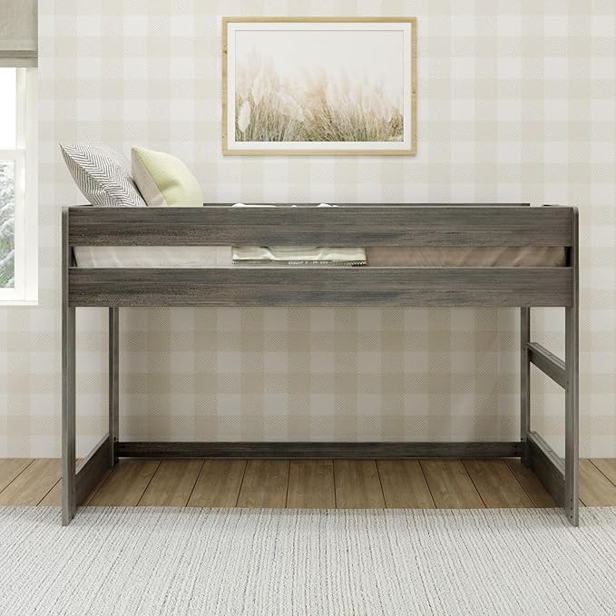 Max & Lily Modern Farmhouse Low Loft Bed, Twin Bed Frame For Kids, Driftwood