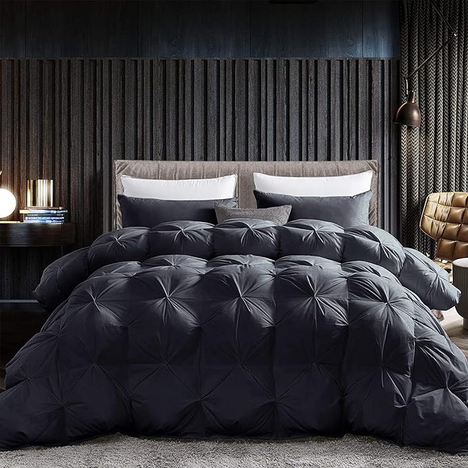 Luxurious All-Season Goose Down Feather Fiber Comforter Super King Size Duvet Insert (120x120), Exquisite Pinch Pleat Design- Black, Premium Baffle Box, 100% Egyptian Cotton Cover, 85 oz. Fill Weight