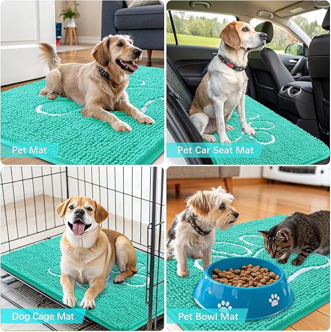 OLANLY Door Mat for Muddy Dog Paws 59x35, Ultra Absorbent Chenille Mud Doormat with Paw Print Design, Non-Slip Washable Doormat for Indoor Entryway, Quick-Dry Pet Bed Mats for Dirty Dogs, Teal