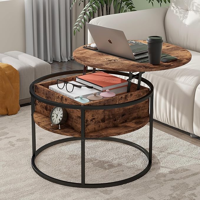 Round Lift Top Coffee Table,Coffee Tables Living Room,Black Coffee Table with Storage Hidden Compartment,Wood Farmhouse Coffee Table Decor,Center Table for Living Room,Modern Coffee Table