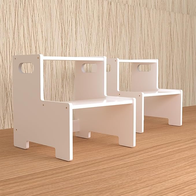 Wooden Step Stool for Kids/Adults,Supports 300 lbs Kids Toddler Stepping Stool for Toilet/Kitchen/Bed,White 2 Packs