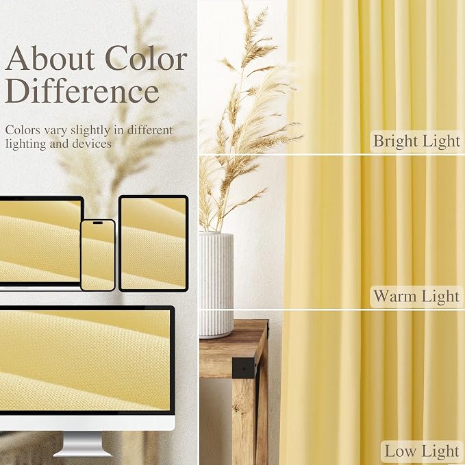 Yellow Linen Blend Drapes 84 Inch Length 2 Panels Set Back Tab Rod Pocket Light - Image 4