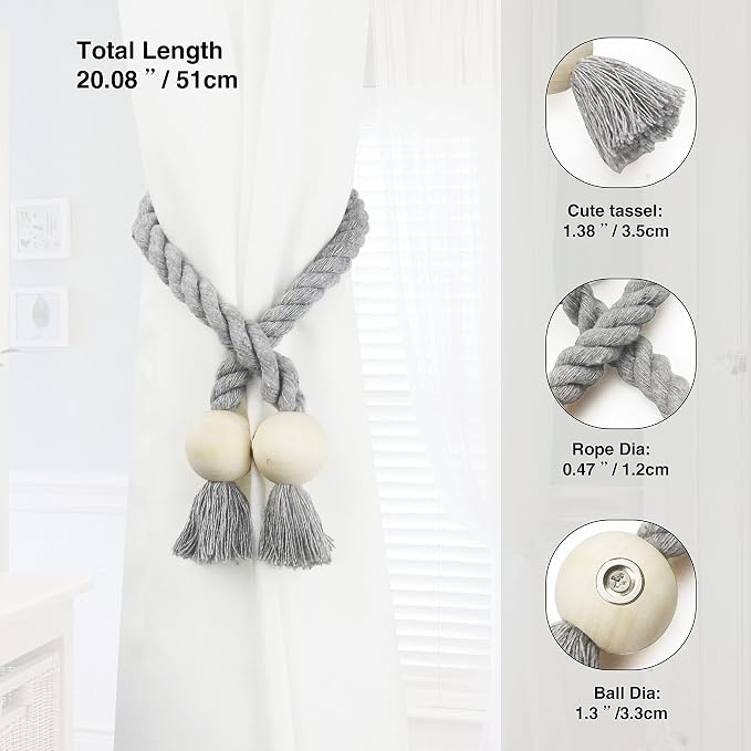 4 Pack Magnetic Curtain Tiebacks Cotton Hand Woven Tie Back Decorative Rope - Image 3