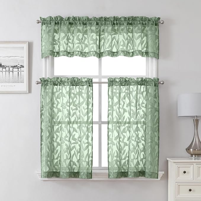 Lecloud Leia Sage Green Sheer Curtains 16 Inch Length 2 Pcs, Jacquard Leaf - Image 8