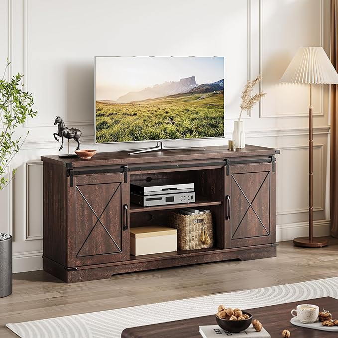 GAOMON Farmhouse 59" TV Stand Up to 65 Inches, Mid Century Modern TV Entertainment Center with Storage Cabinets & Open Shelves, Wood TV Cabinet for Living Room, Brown