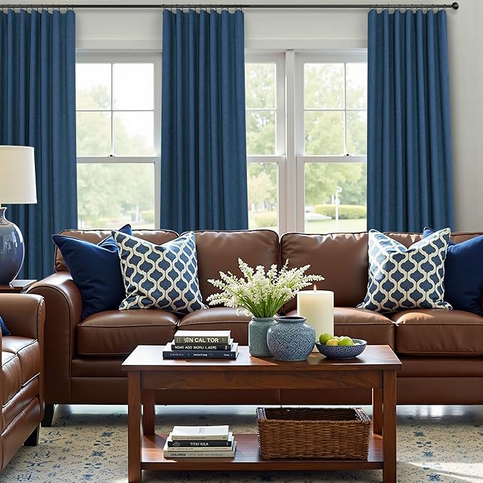 Navy Blue Black Out Curtains 96 Inches Long 2 Panels Linen Textured Blackout - Image 2