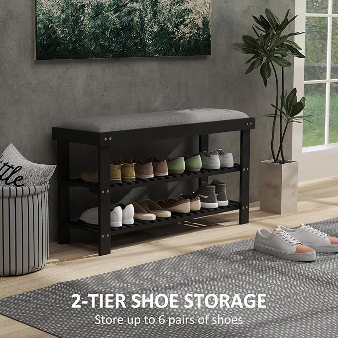 HOMCOM Bamboo Shoe Bench, 3-Tier Entryway Bench with Storage and Cushion, Shoe Organizer for Entryway, Hallway, Holds Up to 331 lbs, 35.4 x 11.4 x 19.3 Inches, Black