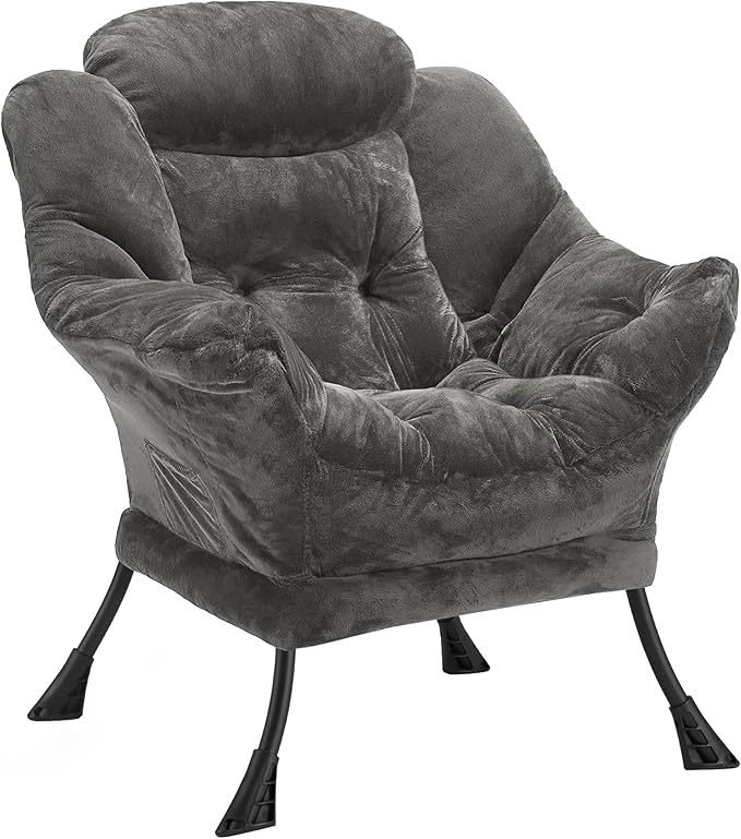 Fabric Lazy Chair for Adults, Oversized Upholstered Sofa Chair, Plush Comfy Lounge Chair with Large Side Storage Pocket, Thick Padded Reading Chair for Living Room, Bedroom, Office, Dark Gray