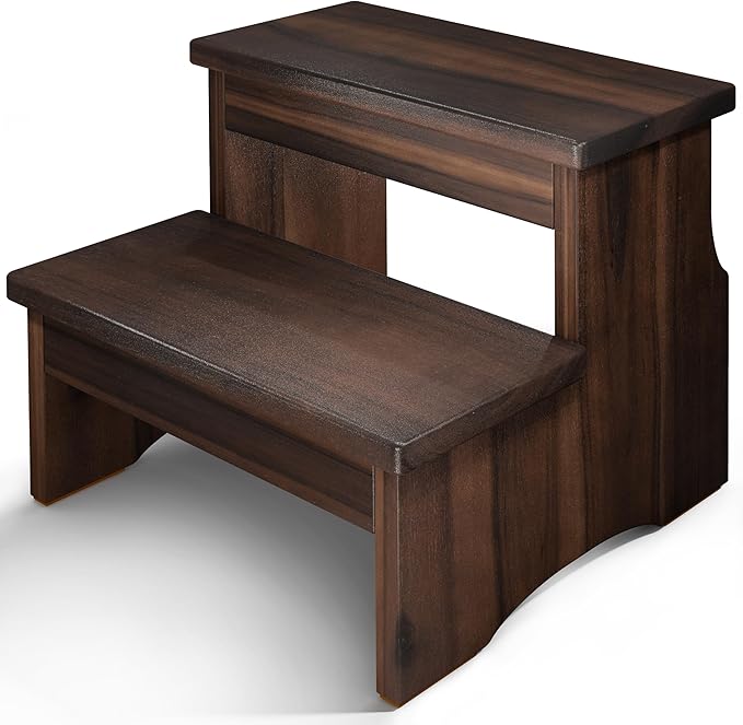 Wooden Two Step Stool, Heavy Duty 2-Step Ladder for Adults & Kids, Supports up to 450lbs for Kitchen, Bathroom or Bedside Use (Walnut Finish)